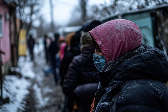 Waiting in the cold: Capturing the somber scene of individuals queuing outdoors in freezing temperatures, a testament to resilience and human perseverance in challenging times.