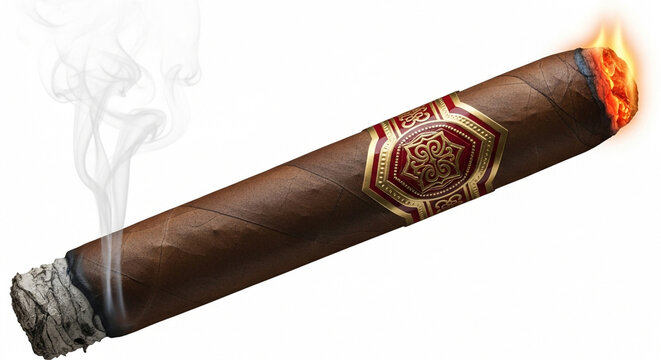 Burning cigar with smoke isolated on white background