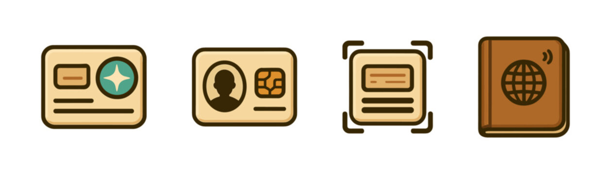 Identity documents cartoon icons set, id cards scanning and passport
