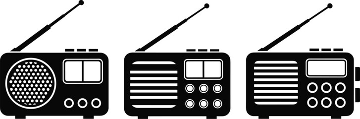 Vintage Radio Icon Set Featuring Retro Designs, Speaker Grills, Antennas, and Control Panels for UI, Branding, and Educational Use