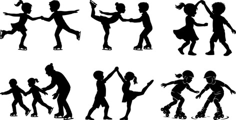 Set of Six Child Skater Silhouettes in Clean Black and White. Figure skating, silhouettes, kids, minimal, sport