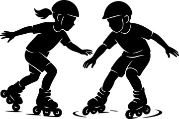 Young Roller Skaters Practicing First Turn Silhouette. Roller skating, kids, beginner, sport, black and white vector