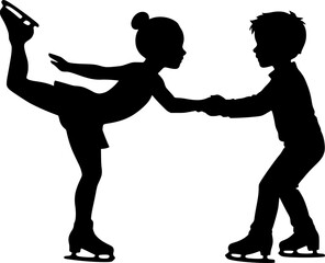 Child Skater Helping Partner Spin Silhouette. Figure skating, kids, teamwork, beginner, black and white vector