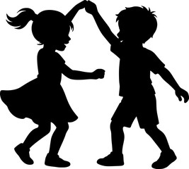 Two Children Practicing Spin Silhouette. Figure skating, kids, teamwork, beginner, black and white vector
