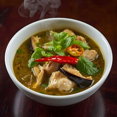 Thai Green Curry Aromatic Bowl &mdash; Authentic Herbal Coconut Broth in Warm Rustic Setting