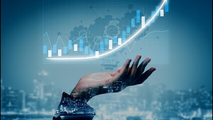 A conceptual image showcasing a hand reaching skyward amid an upward graph and a cityscape backdrop, symbolizing financial progress and modern business growth. Copula