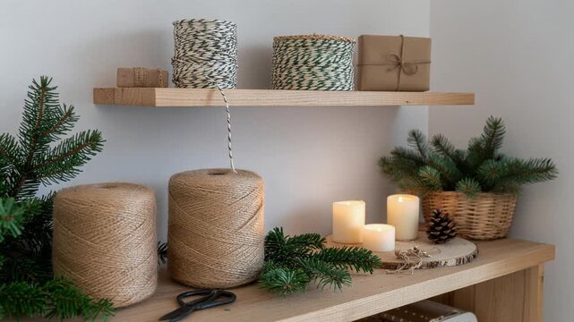 Christmas decoration with candles, pine branches and gift wrapping materials.
