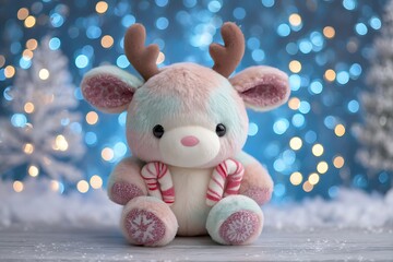 Adorable reindeer plush toy with candy canes on a snowy christmas background