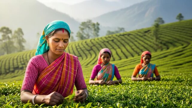 Women harvesting tea leaves in a lush green tea plantation in munnar, india