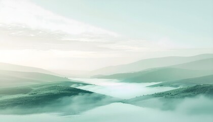 Obraz premium Eucalyptus-green landscape of rolling hills and valley mist, minimal gradient composition, soft morning light, tranquil nature illustration