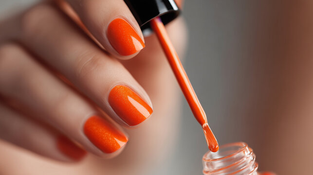 Close-up de uma m&atilde;o feminina bem cuidada, segurando um esmalte laranja.