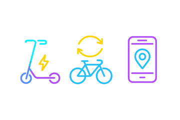 Electric scooter, bike sharing, and mobile app icons displayed with vibrant colors showcasing urban transportation options