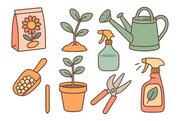 Gardening tools and supplies displayed in an organized manner for plant care and cultivation activities