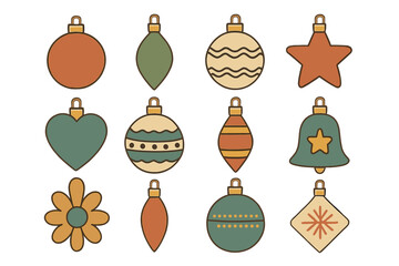 Colorful collection of holiday ornaments arranged in a grid pattern for festive decorating