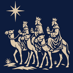 Three kings bringing gifts, frankincense, myrrh, and gold, following the christmas star. Epiphany and holiday season concept, dark background