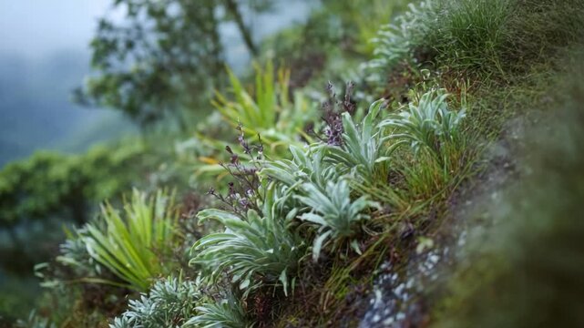 Blue-green succulent rosettes growing along a rocky hillside.