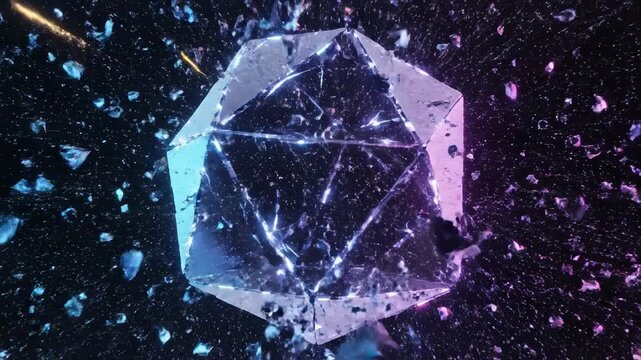 Seamless loop of glowing geometric abstract shards fracturing and reforming digitally on a dark background modern, metallic, future