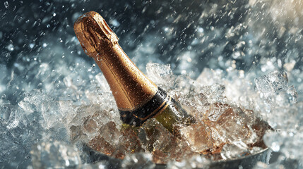 A bottle of champagne chilling in ice, ready for celebration