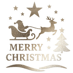 Festive golden foil textured elements for christmas and new year. Reindeer sleigh, stars, and tree...