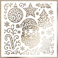 Golden textured christmas elements set, including santa, bell, tree, star, and ball, ideal for...