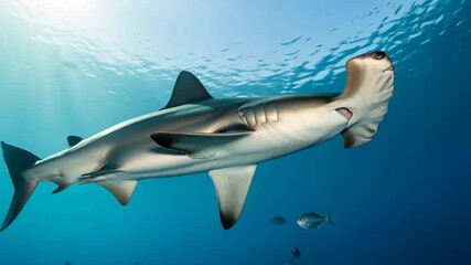 Great Hammerhead Shark Swimming Ocean Depths Sunlight Rays Underwater Marine Life video