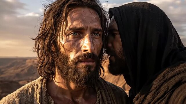 Cinematic Video Biblical Scene: Devil Whispering and Tempting Jesus on the Mount of Temptation, Gospel of Matthew Chapter 4