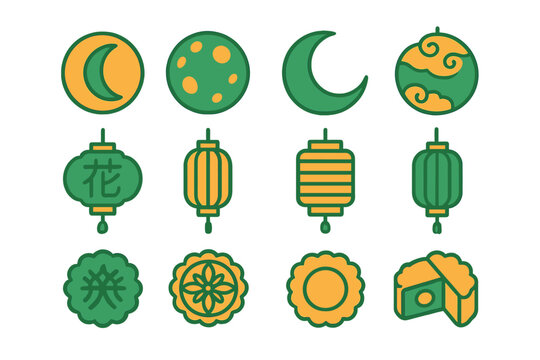 Decorative lanterns and moon symbols with a green and yellow theme for a festive celebration