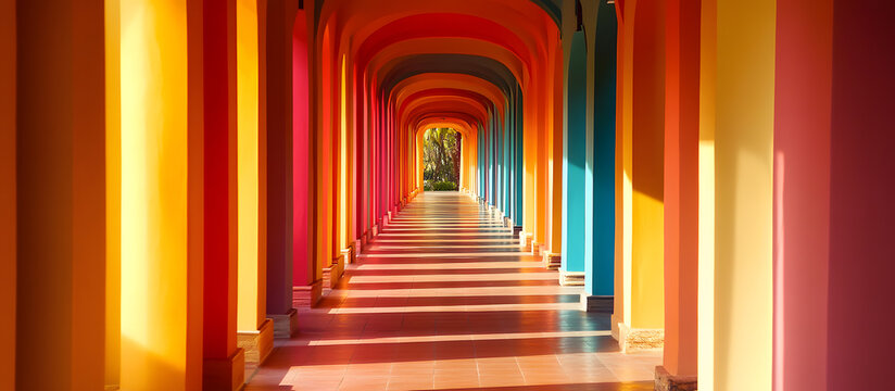 red corridor with columns and light