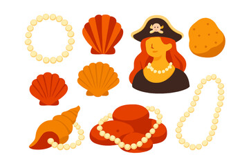 Bright and playful pirate-themed illustration featuring shells, beads, and a character in a pirate hat