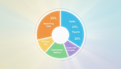 A colorful pie chart illustrating data distribution across various business metrics: Marketing Data, Sales, Product, Operational Metrics, and Customer Insights.