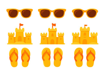 Summer beach collection featuring sunglasses, sandcastles, and flip flops for a fun day by the sea