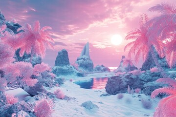 Colorful fantasy city with glowing pastel skies and soft light