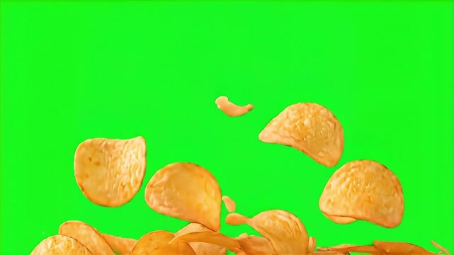 Scattered falling potato chips on a green screen or chroma key background