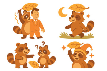 Raccoons enjoying autumn leaves with a well-dressed man in a whimsical woodland setting during the evening hours