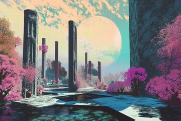 Pastel fantasy city with tall arches glowing in soft sunset light