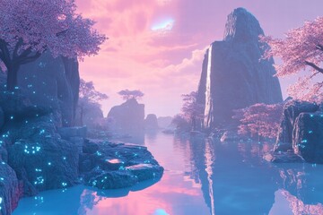 Floating rock islands above misty ocean at sunset