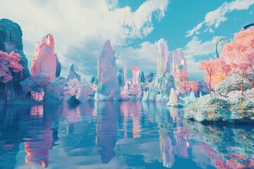 Fantasy canyon with pastel blue cliffs and glowing mist