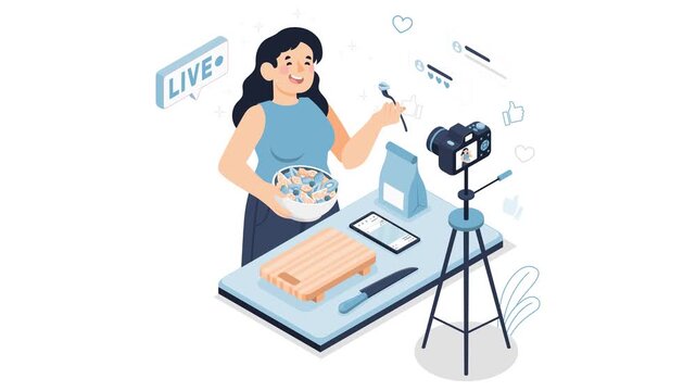 A female blogger eats in her kitchen and livestreams on social media in front of a video camera. Animation about mukbang in cartoonish flat vector art style
