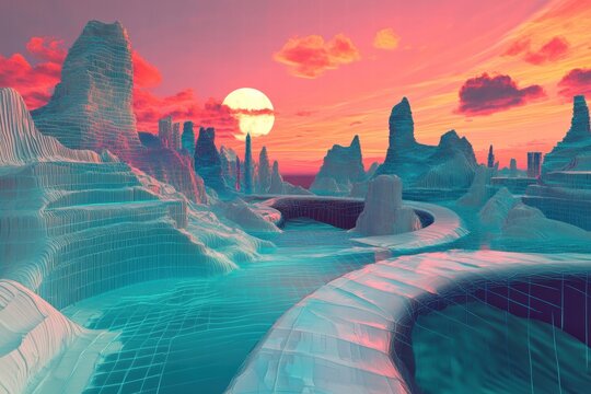 Surreal futuristic mountains reflecting neon sky colors
