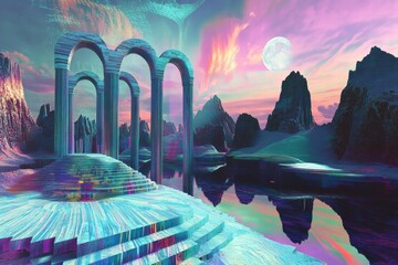 Fantasy coastline with arches and soft pastel skies