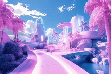 Fantasy tropical road with glowing pink palm trees