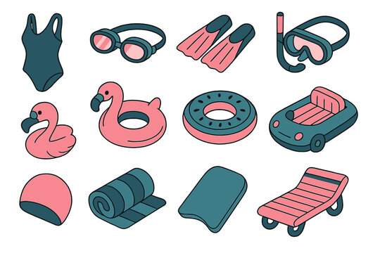 Fun summer pool accessories including floaties, swim gear, and lounge chairs for outdoor play