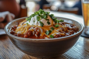 Creamy pasta bowl with green herbs in warm restaurant