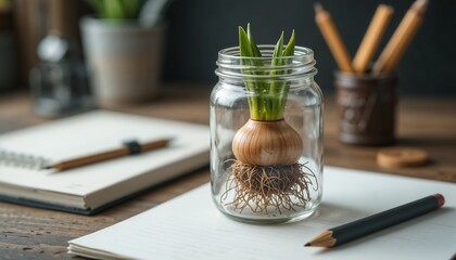 Macro shot of a sprouting daffodil bulb in a transparent jar showing roots and green shoots