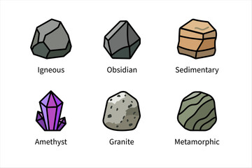 Types of Rocks and Minerals Icon Set