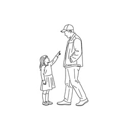 Young girl pointing up at adult man, father daughter bond, minimalist line art.
