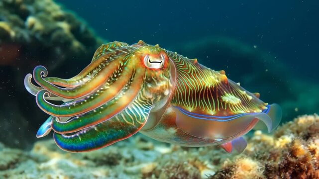 Vibrant Cuttlefish Underwater Ocean Reef Marine Life Cephalopod Bioluminescence Color Change video