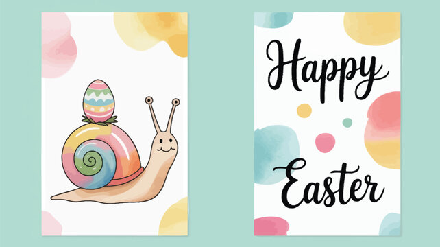 Cute cartoon snail with colorful easter egg on its shell and happy easter text with watercolor blobs