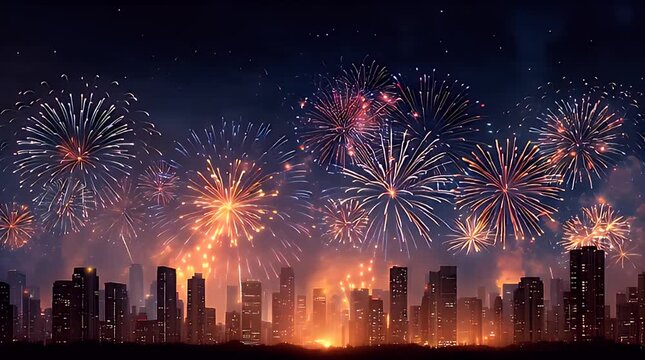 Vibrant Holiday Fireworks Above Urban Nightscape