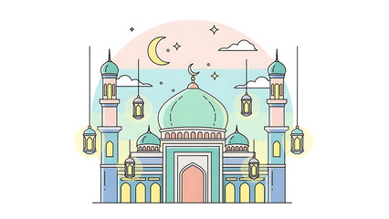 Illustrative Mosque with Lanterns and Crescent Moon Symbolizing Ramadan and Islamic Culture, a Beautiful Religious Greeting